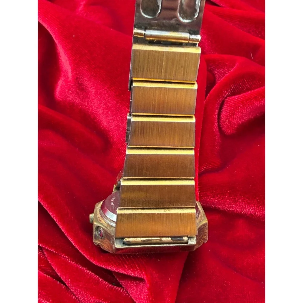 Vintage Benrus? Red LED Digital Watch Gold Tone Integrated Bracelet Untested